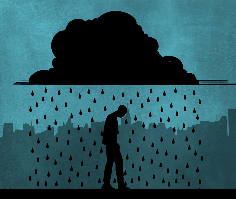 dibujo de hombre caminando bajo la lluvia